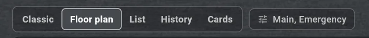 The mode toggle at the top left of the main screen: Classic, Floor plan, List, History, Cards, then the channel picker.