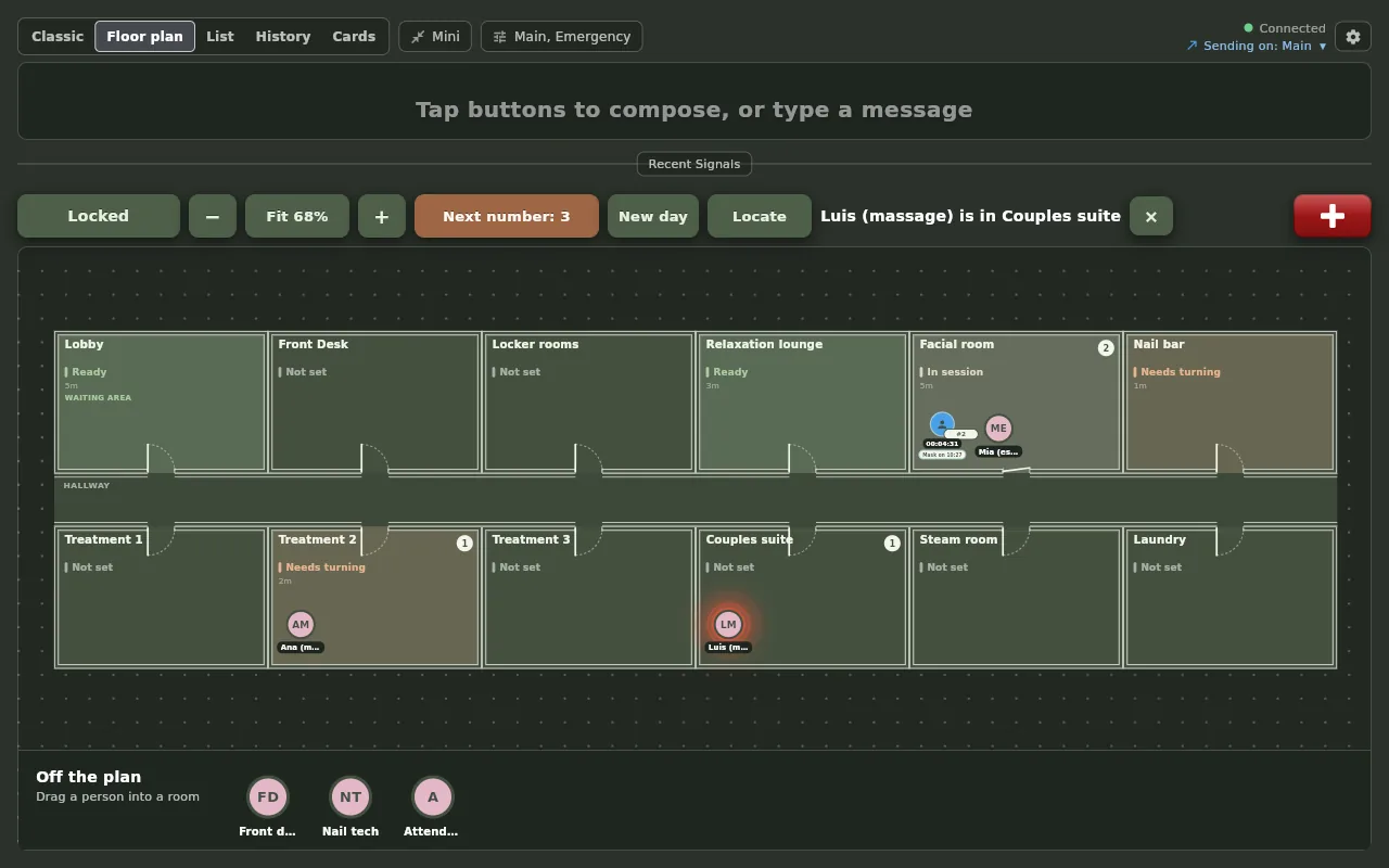 The Floor plan view on the desktop app in Spa Dim: Lobby, Front Desk, Locker rooms, Relaxation lounge, Facial room and Nail bar along one side of the hallway, Treatment 1 to 3, Couples suite, Steam room and Laundry along the other. Guest 2 and Mia are in the Facial room, Ana in Treatment 2, Luis in the Couples suite.
