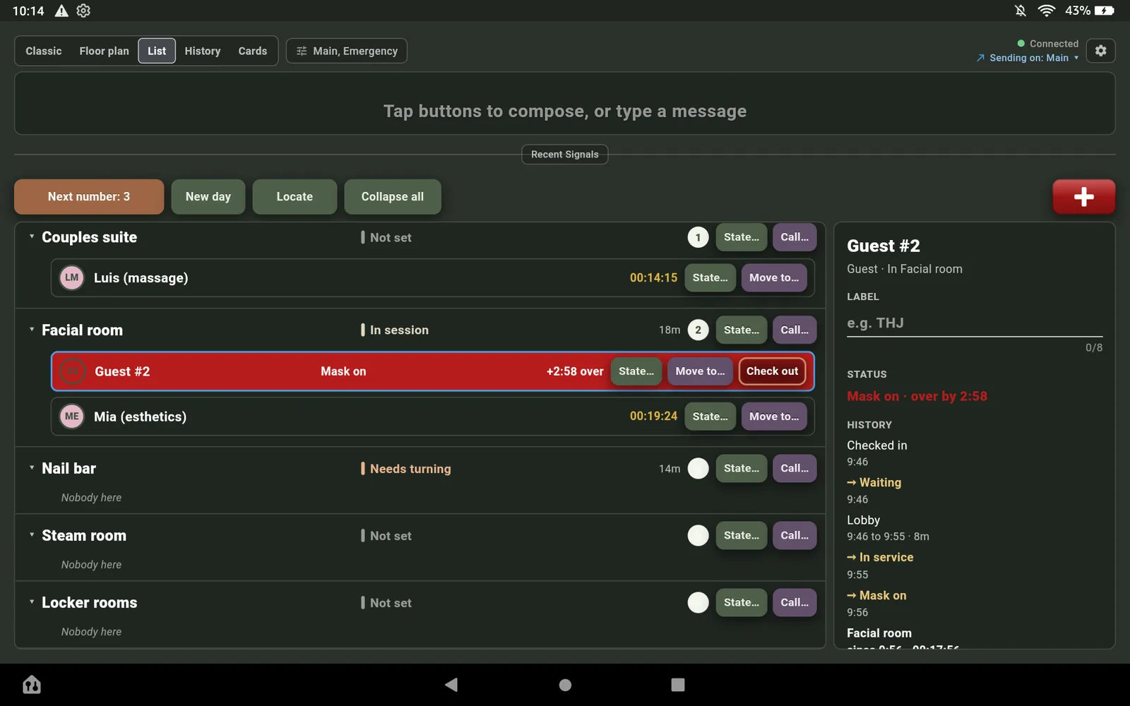 The List view on the Fire HD 10 with Guest 2's row solid red reading Mask on plus 2:58 over, and the pane at the right reading Guest 2, Mask on over by 2:58, with the guest's history.